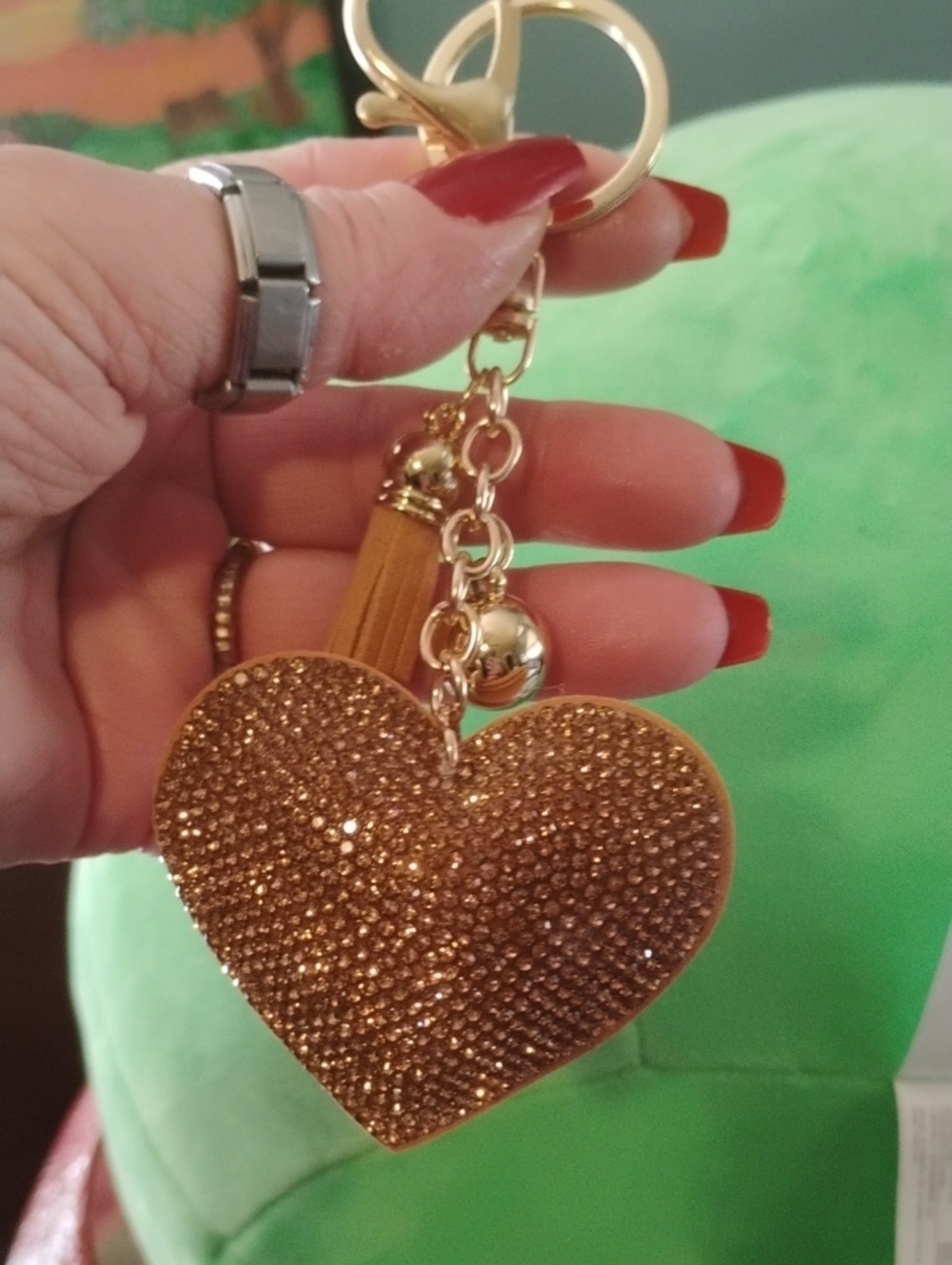 Gold Rhinestone Heart Bag Charm/Keychain with Tassel